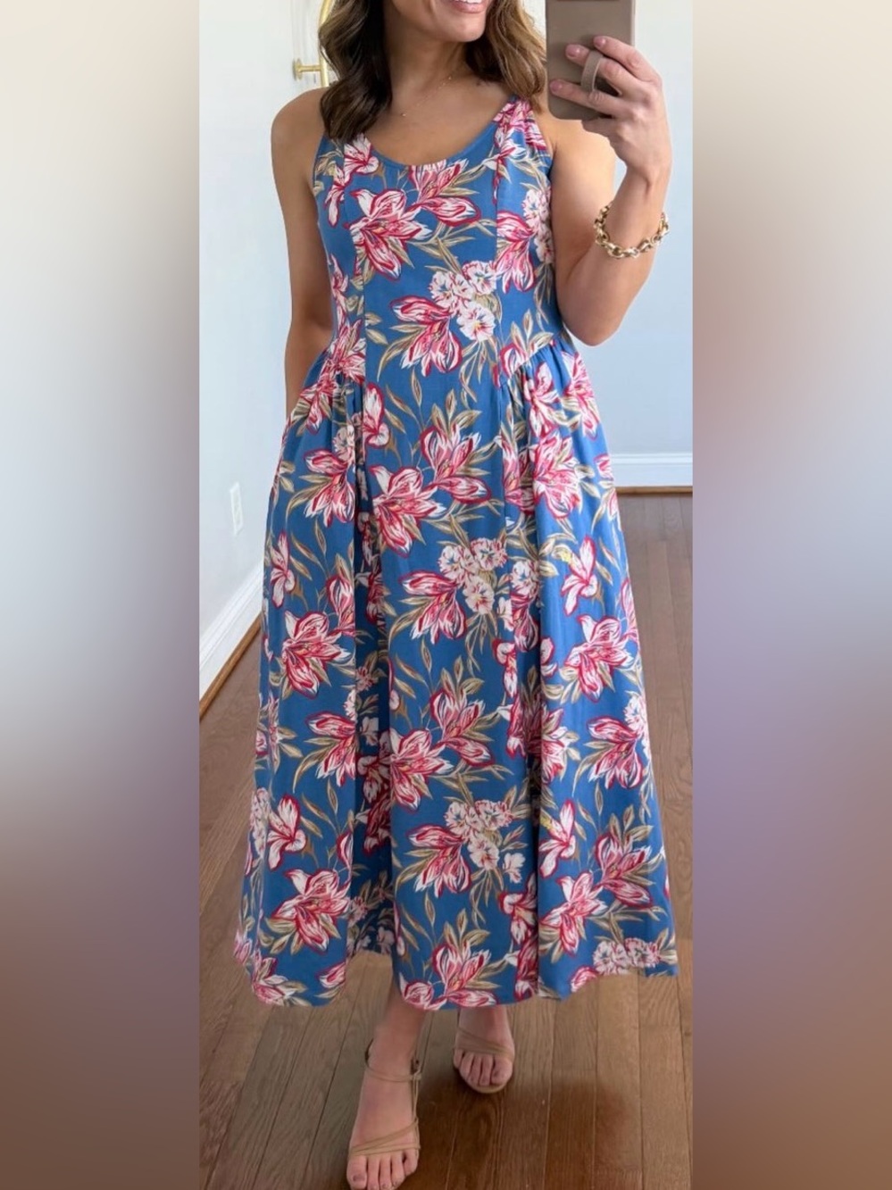 Universal Thread Blue Floral Midi Dress with Pink & White Blooms